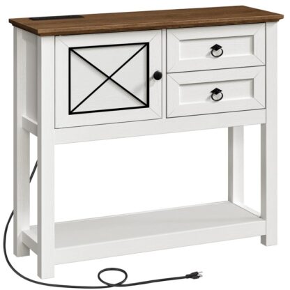 Farmhouse Console Table with 2 Drawers and Cabinet, Sofa Table with Charging Station, Rustic Entryway Table with Storage, for Entryway, Hallway, Living Room, Couch, White and