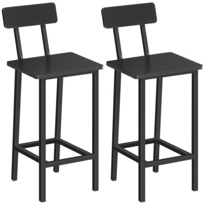 Barstole, Sæt med 2 Barstole med ryglæn, 25.6" Høje modbarkrakker, Køkkenbarkrakker med fodstøtte, til spisestue, Bar, Nem montering, Sort