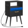 Nightstand with Charging Station and LED Lights, Night Stands with Drawer, End Bedside Table with USB Ports & Outlets, Side Table for Bedroom, LED Nightstands, for Bedroom, Black
