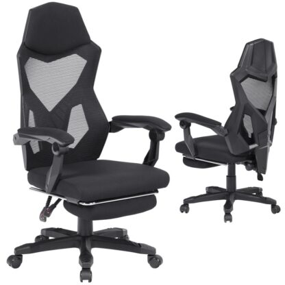 Ergonomische bureaustoel lumbale steun, Leverende bureaustoel met beenrust, High Back Home Computer Gaming Desk -stoelen met wielen, Armleuningen, Verstelbare hoogte en rughoek, Zwart