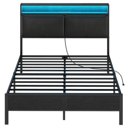 Schwarzer Vollbettrahmen, Metallplattform Bettrahmen mit Ladestation und LED -Licht, Kopfteil mit Regalen, Keine Boxspringbetten erforderlich