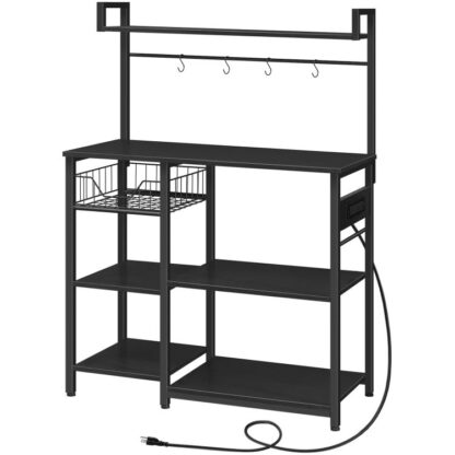 Keukenbakkersrek met stroomuitgang, koffiebar, magnetronoven staan ​​met gaasmand, koffiestation met 4 S-vormige haak, keuken plank, voor keuken, woonkamer, zwart