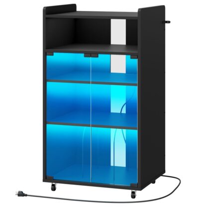 Schwarzer 5-stufiger Stereoschrank mit Stromausstattung und LED-Licht, Medienschrank mit Glastür, Stereoständer mit verstellbaren Regalen, Mobile Medienstand, Plattenspielerständer, Lebenden Medienraum