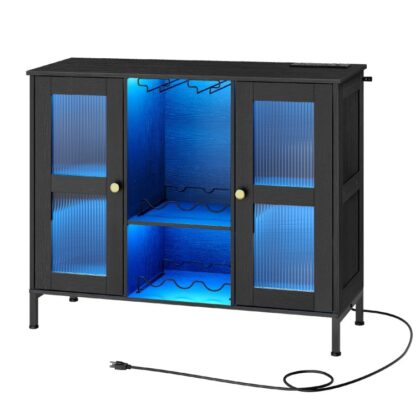 Mobile a barre con stazione di ricarica e luce a LED, Tavolino da bar con portabottiglie e portabicchieri, Credenza da cucina nera, 3 Punti vendita e 2 Porte USB, per sala da pranzo, Soggiorno e