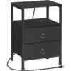 Nightstand with Charging Station, End Table with USB and Outlets, Small Night Stand with Fabric Drawers for Bedroom, Small Spaces, Black