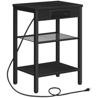 Slutbord med opladningsstation og USB -porte, 3-niveau natbord med justerbar hylde, Smalt sidebord til lille plads i stuen, soveværelse og balkon, sort