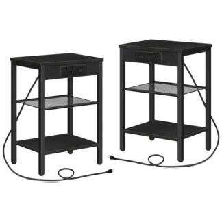 conjunto de tabla final de 2 con estación de carga y puertos USB, 3-Palabras de noche con estante ajustable, Mesa lateral estrecha para espacio pequeño en la sala de estar, dormitorio y balcón, negro