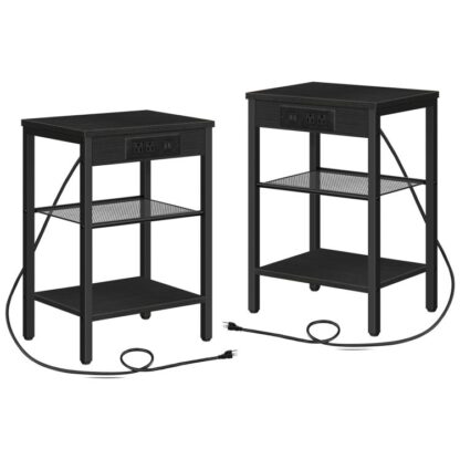 végtáblák 2 töltőállomással és USB -portokkal, 3-Tier éjjeliszekrények állítható polcokkal, Keskeny oldalsó asztal a kis helyhez a nappaliban, hálószoba és erkély, fekete