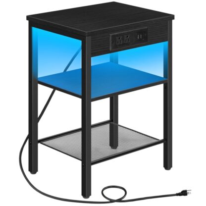 Koncový stůl s nabíjecí stanicí a LED světla, Malý boční stůl s úložnými policemi, 3-Tier vedený noční stolek pro malý prostor v obývacím pokoji, Ložnice, Černý