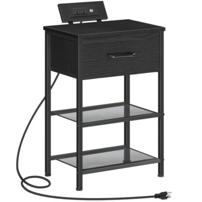 Nachttisch mit Ladestation, Beistelltisch mit USB-Anschlüssen & Outlets, Nachttisch mit Stoffschublade für Schlafzimmer, Schwarz