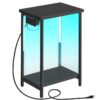 Side Table with Charging Station, LED End Table with 2-Tier Storage Shelves, Small Night Stand, Narrow Side Table for Living Room, Bedroom, Black