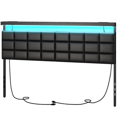 Cabeceira estofada king size, Rack de armazenamento com estações de carregamento e luzes LED, Estofamento PU, Cabeceira com prateleira de armazenamento aberta, Altura ajustável, Robusto e Estável,