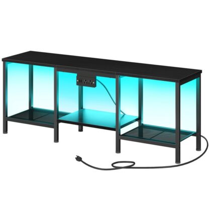 Stoisko telewizyjne ze stacją ładowania 55 Cale, LED Center Entertainment, Media TV Console Table z otwartymi półkami do przechowywania do salonu, Sypialnia, Czarny