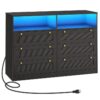 6 Rákos szekrény LED -es lámpákkal és töltőállomással, Fekete rattan szekrény hálószobához, Rattan fiókos mellkas,15.7" Széles LED -es szekrény, nyitott tárolóval, Faszekrény a szekrényhez,