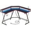 Bureau de jeu en forme de L avec lumières LED à rythme musical et station de charge, Bureau d'angle pour ordinateur avec porte-gobelet, Crochets pour casque, Bureau à domicile avec grand support pour écran, Noir