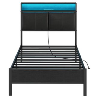 Black Twin Bed Frame, Metal Platform Bed Frame with Storage Headboard, Bed Frame with Charging Station and LED Light