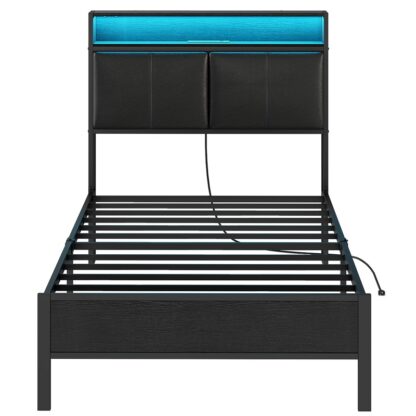 Black Twin Bed Frame, Metal Platform Bed Frame with Storage Headboard, Bed Frame with Charging Station and LED Light