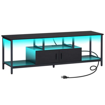 TV -stativ med LED -lys og strømuttak for TV -er opp til 65 tomme, TV-mediekonsoll med dobbeltdørs skap, Gaming Entertainment Center for stue soverom, svart