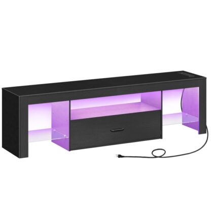 Černý LED televizní stojan s vývodem na elektřinu 65 Inch TV, Herní zábavní centrum se skleněnými policemi a velká zásuvka, Moderní mediální televizní konzole pro ložnici obývacího pokoje