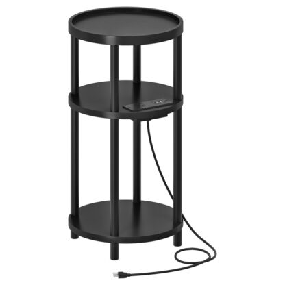 Black Small Round Side Table with Charging Station, 3-Tier Round Bamboo End Table, Compact Sofa Bedside Table for Small Space, Easy Assembly, for Living Room, Bedroom, Apartment