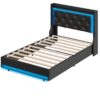 Cadre de lit double avec tête de lit, Cadre de lit rembourré avec station de charge et lumière LED, Cadre de plate-forme en métal et lattes en bois, Aucun sommier tapissier n’est nécessaire, Silencieux, Noir