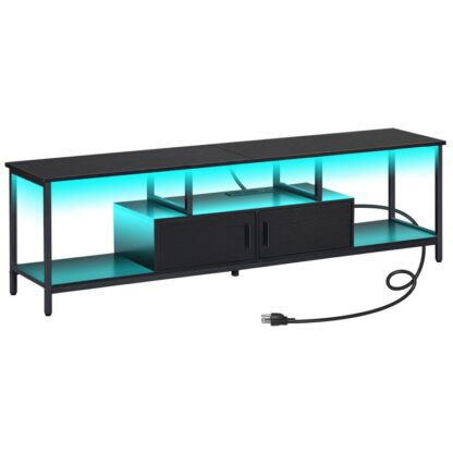 TV'ler için LED ışık ve elektrik prizleri ile TV standı 75 İnç, Çift kapılı dolaplı TV Medya Konsolu, Oturma Odası Yatak Odası için Oyun Eğlence Merkezi, Siyah