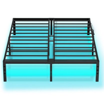 Cadre de lit queen avec des lumières LED, Cadre de lit plateforme en métal avec station de recharge, 2 Points de vente et 2 Ports USB, Cadre de lit queen size robuste, Grand espace de rangement sous le lit, Noir