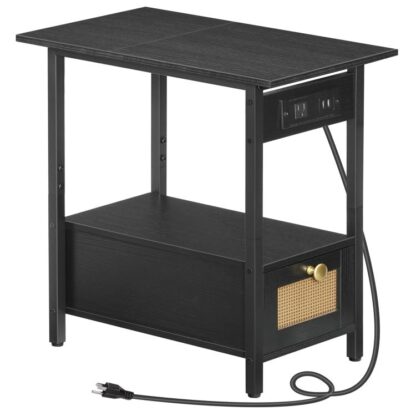 mesa final com estação de carregamento, mesa lateral estreita com portas de gaveta e USB & tomadas de energia, mesas de cabeceira de mesa para pequenos espaços, quarto, sala de estar, preto
