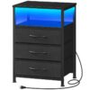 Black Nightstand with Charging Station and LED Light, Bedside Table with 3 Fabric Drawers, Night Stand with USB Ports and Outlet, End Table for Bedroom, Dorm