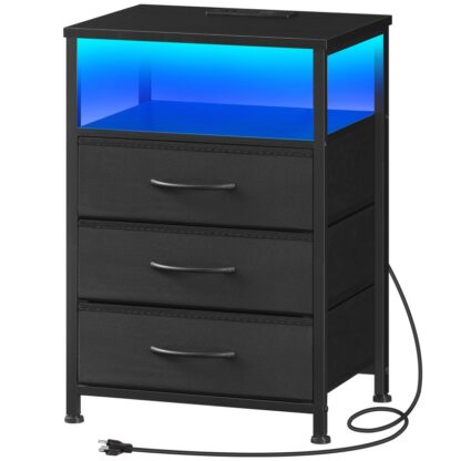 Black Nightstand with Charging Station and LED Light, Bedside Table with 3 Fabric Drawers, Night Stand with USB Ports and Outlet, End Table for Bedroom, Dorm