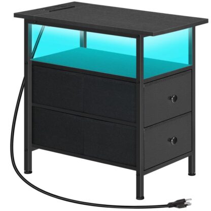 Sort smal sidebord med LED -lys og USB C -port, Natstativ med opladningsstation, Tynd slutbord med 2 Stofskuffer, til soveværelse, Stue