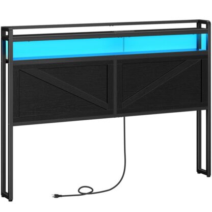 Headboard Méid na Banríona, Ceannchlár le Stáisiún Muirearú agus Stráice Solais LED, 2-Ceannchlár Stórála Sraithe le Asraonta agus Calafoirt USB, Stíl Thionsclaíoch, do leapacha méid banríon,