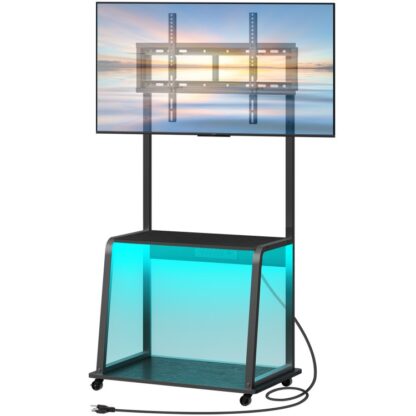 Black Corner TV -stativ med Mount and Power Outlet opp til 55 ”, Rullende TV -stativ med LED -lys, Høyder justerbar TV -konsollbord for stue, Soverom, Kontor