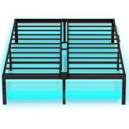 إطار سرير كامل مع مصابيح LED, إطار سرير منصة المعادن مع محطة الشحن, 2 منافذ و 2 منافذ يو اس بي, إطار السرير الكامل بالحجم الكامل للخدمة, وافرة تحت مساحة تخزين السرير, أسود