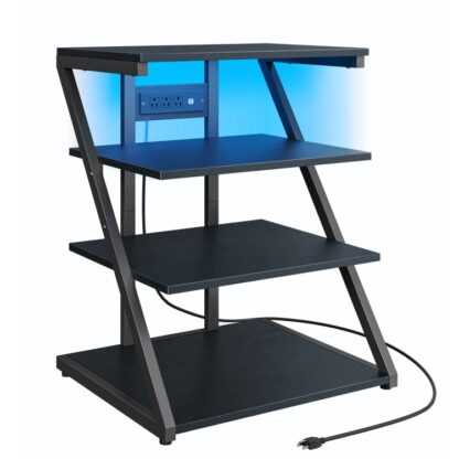 4-Tier AV médiaállvány töltőállomással, Sztereo szekrény, Rack audio torony LED -es lámpákkal, Corner TV -állvány állítható aljzatokkal a lemezjátszó számára, Fekete