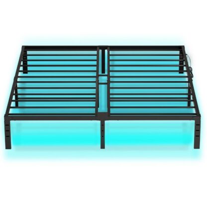 Fráma leapa rí le soilse LED, Fráma Leaba Ardán Miotal le stáisiún muirir, 2 Asraonta agus 2 Calafoirt USB, Fráma Leaba Méid Rí Trom Dualgas Trom, Go leor faoi spás stórála leapacha, Dubh