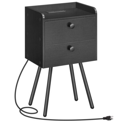 Nightand noire avec station de charge, Table d'appoint moderne avec 2 Tiroirs, Table d'appoint canapé élégant, Ports de charge multiples, Pieds en métal, Table de chevet avec canapé, pour Chambre