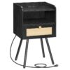 nightstand with charging station, modern end table, flip-down drawer and open compartment, rattan ventilation design, bedside table for bedroom, office, study room,black