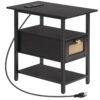 end table, side table with charging station, nightstand with drawer, rattan-style bedside table, slim coffee table for small spaces, living room, bedroom, black