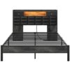 Charcoal Black Queen Bed Frame, Bed Frame with Bookcase Storage Headboard and Charging Station, Led Bed Frame with Upholstered Headboard and 2-Tier Shelves, Heavy Duty Metal Frame