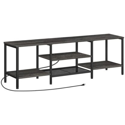 Charcoal Gray and Black TV Stand with Power Outlets to 75 Inches, TV Console Table with Open Storage Shelves Cabinet, Industrial Media Entertainment Center for Living Room Bedroom