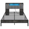 Charcoal Gray Queen Bed Frame, Bed Frame with Bookcase Storage Headboard and Charging Station, Led Bed Frame with Upholstered Headboard and 2-Tier Shelves, Heavy Duty Metal Frame