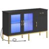 Cabinet a buffet con presa di corrente, 47.2" Mobile contenitore per credenza da cucina & Luce a led, Porte in vetro, Mobiletto in stile bar, consolle per ingresso nel corridoio, Nero e oro