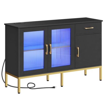 Power çıkışlı büfe dolabı, 47.2" Mutfak Büfe Saklama Dolabı & LED Işık, Cam Kapılar, Accent Dolabı Kahve Barı Dolabı Koridor Girişi için Konsol Masası, Siyah ve altın