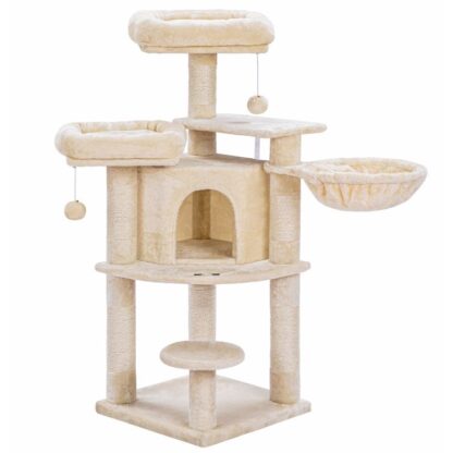 crann cat, túr cat le poist scríobtha agus troscán cat condo plush do spásanna beaga, Túr Gníomhaíochta Teach Seastán Ill-Leibhéal Le Ciseán, cobhsaí agus sturdy, béasa