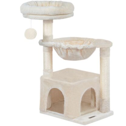 Petite tour d'arbre à chat avec condo de luxe, Hamac panier pour chatons d'intérieur avec griffoirs, Arbre d'activité pour animaux de compagnie chatons, Beige