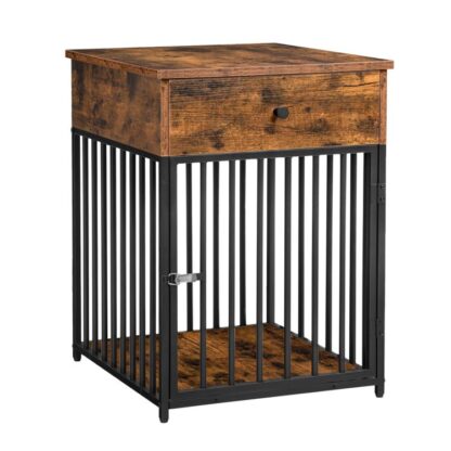 Hond crated Miwwelen, hëlze Hondhaus, Dekorativ Hond Kennel mat Tirang, Indoor Hausdéier Crate Enddësch fir klengt Hond, Stol-Tube Dog Cage, kauen Beweis, rustikal brong a schwaarz