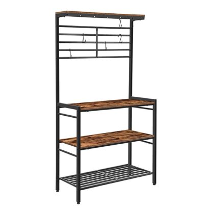 Bakers Rack, dejet stoen, Kichen Späicherpelie Rack mat Haken, Kaffibeier, 4 Regaler a Mesh Panel, verstellbare Féiss, fir Kichen, Wunnzëmmer, Mück am Stare, rustikal brong