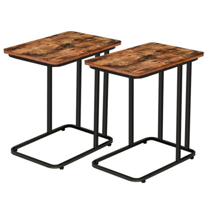 set van 2 zijtafel, C -vormige mobiele snacktafel, glijdt naast de bankbank, Industriële laptoptafel voor kleine ruimte, woonkamer, slaapkamer, houten uiterlijk accenttafel, rustiek bruin