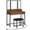 Vanity Desk Set, with LED Lighted Mirror and Power Outlet, Vanity Table with Trifold Mirror and 3 Drawers, Sponge-Padded Makeup Stool, for Bedroom, Rustic Brown and Black